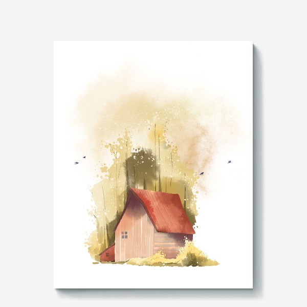 Холст «Акварельная нарисованная вручную иллюстрация с изображением красного домика в золотом осеннем лесу»