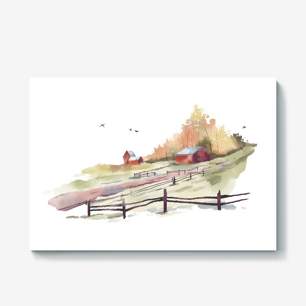 Холст «Акварельная нарисованная вручную иллюстрация с изображением красных домиков в золотом осеннем лесу. Сельский пейзаж»