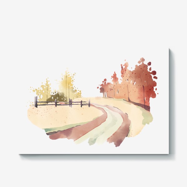 Холст «Акварельная нарисованная вручную иллюстрация с изображением осеннем леса и уходящей вдаль дороги»