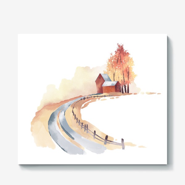 Холст «Акварельная нарисованная вручную иллюстрация с изображением осеннем леса, красного домика и уходящей вдаль дороги»