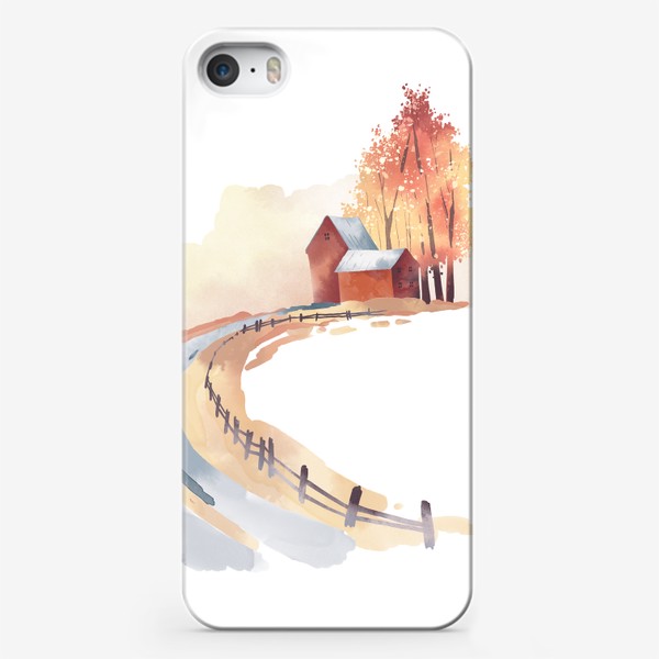 Чехол iPhone «Акварельная нарисованная вручную иллюстрация с изображением осеннем леса, красного домика и уходящей вдаль дороги»