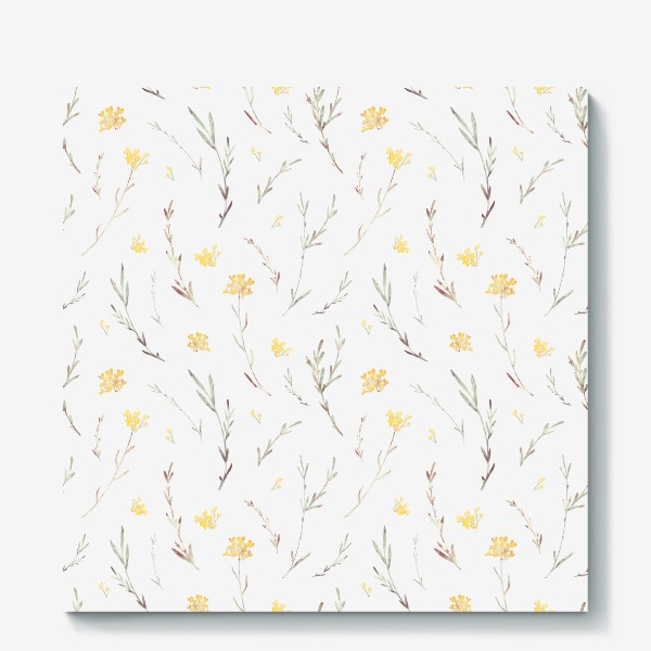 Холст &laquo;Акварельный нарисованный вручную бесшовный фон с простыми нежными иллюстрациями цветущих желтых маленьких цветов. Поле&raquo;