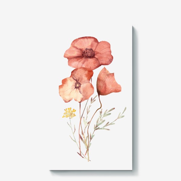 Холст &laquo;Акварельная нарисованная вручную яркая иллюстрация с цветущими красными маками, полевыми травами. Простой милый букет&raquo;