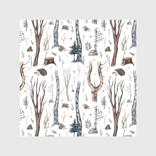 Шторы &laquo;Акварельный нарисованный вручную бесшовный фон с лесными иллюстрациями деревьев, ежиков и растений. Жизнь в лесу&raquo;