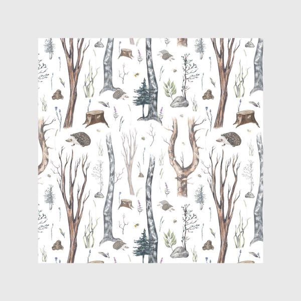 Скатерть «Акварельный нарисованный вручную бесшовный фон с лесными иллюстрациями деревьев, ежиков и растений. Жизнь в лесу»