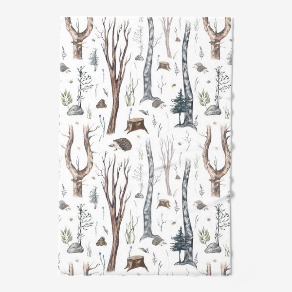Полотенце &laquo;Акварельный нарисованный вручную бесшовный фон с лесными иллюстрациями деревьев, ежиков и растений. Жизнь в лесу&raquo;