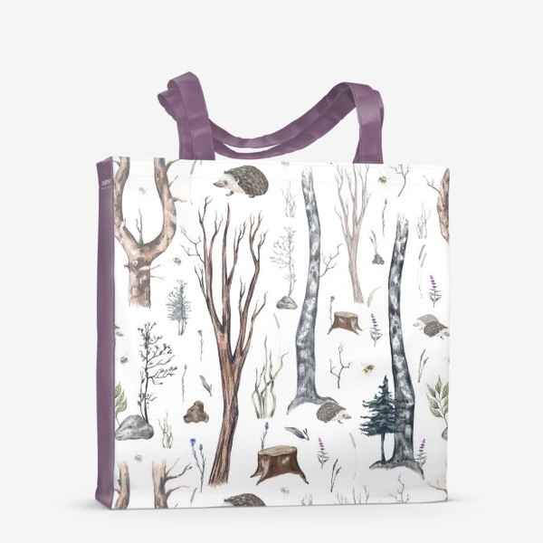 Сумка-шоппер «Акварельный нарисованный вручную бесшовный фон с лесными иллюстрациями деревьев, ежиков и растений. Жизнь в лесу»