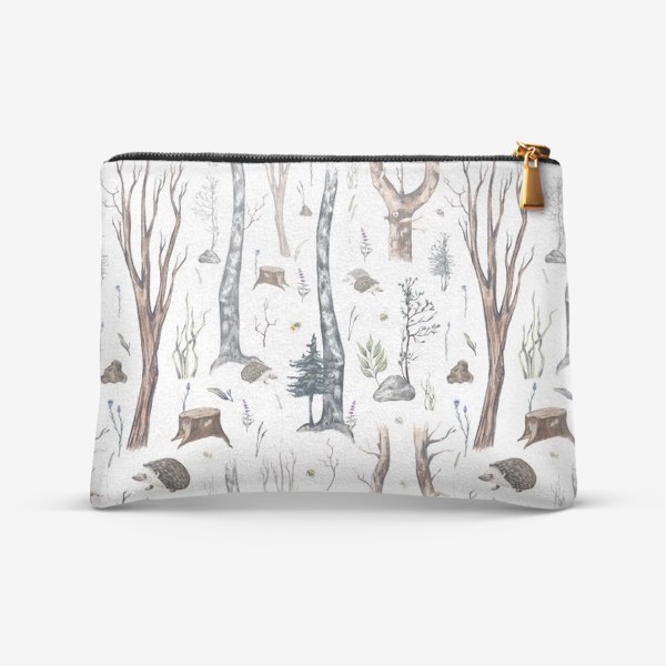 Косметичка &laquo;Акварельный нарисованный вручную бесшовный фон с лесными иллюстрациями деревьев, ежиков и растений. Жизнь в лесу&raquo;