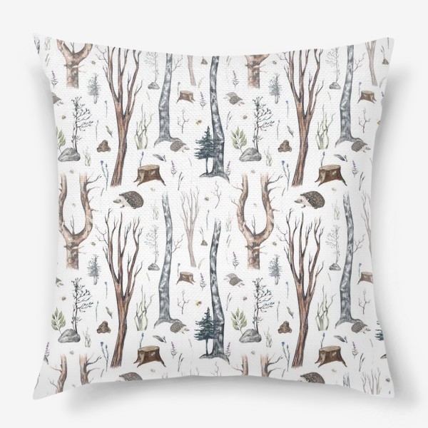 Подушка &laquo;Акварельный нарисованный вручную бесшовный фон с лесными иллюстрациями деревьев, ежиков и растений. Жизнь в лесу&raquo;