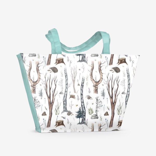 Пляжная сумка «Акварельный нарисованный вручную бесшовный фон с лесными иллюстрациями деревьев, ежиков и растений. Жизнь в лесу»