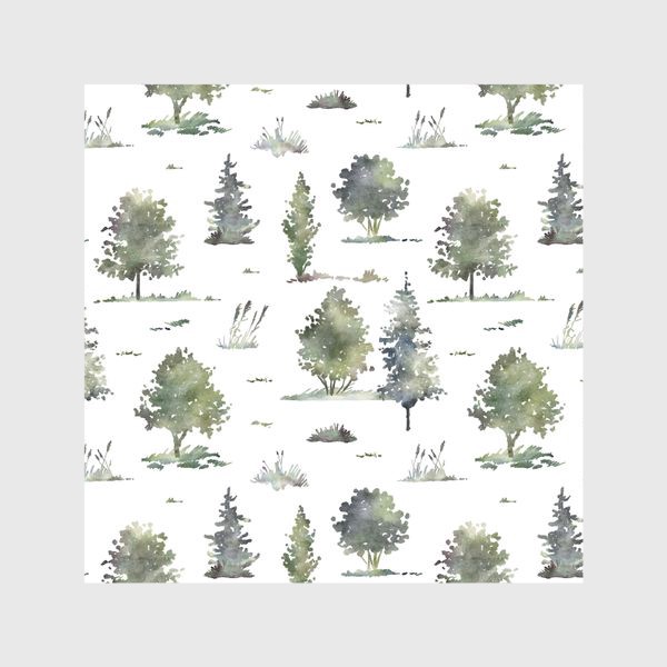 Шторы «Акварельный нарисованный вручную бесшовный фон с иллюстрациями зеленых деревьев в лесу. Лес, птицы»