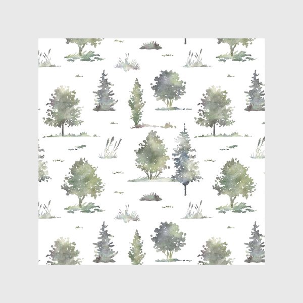 Скатерть «Акварельный нарисованный вручную бесшовный фон с иллюстрациями зеленых деревьев в лесу. Лес, птицы»