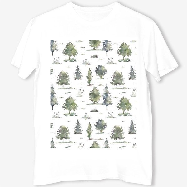 Футболка &laquo;Акварельный нарисованный вручную бесшовный фон с иллюстрациями зеленых деревьев в лесу. Лес, птицы&raquo;