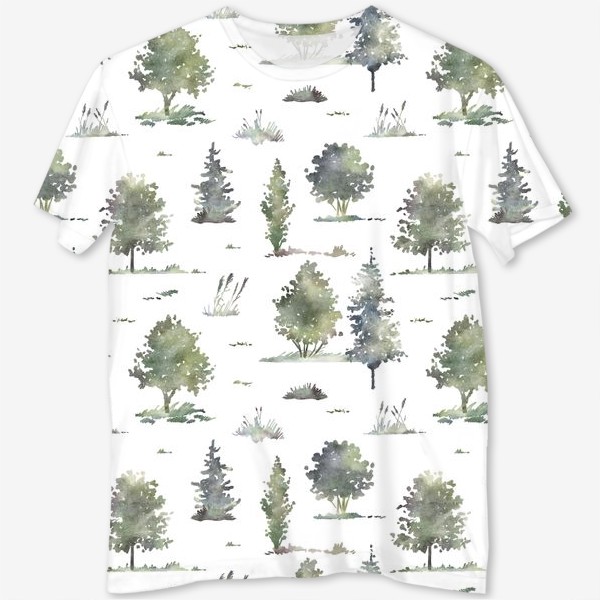Футболка с полной запечаткой &laquo;Акварельный нарисованный вручную бесшовный фон с иллюстрациями зеленых деревьев в лесу. Лес, птицы&raquo;
