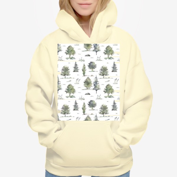 Худи «Акварельный нарисованный вручную бесшовный фон с иллюстрациями зеленых деревьев в лесу. Лес, птицы»