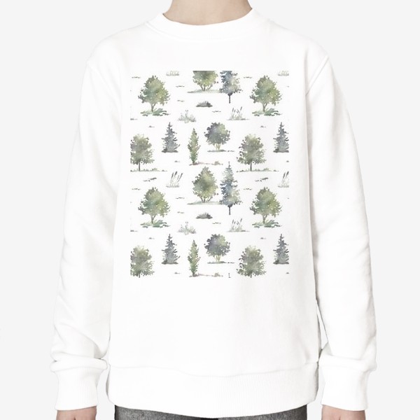 Свитшот &laquo;Акварельный нарисованный вручную бесшовный фон с иллюстрациями зеленых деревьев в лесу. Лес, птицы&raquo;