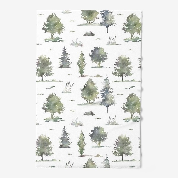 Полотенце «Акварельный нарисованный вручную бесшовный фон с иллюстрациями зеленых деревьев в лесу. Лес, птицы»