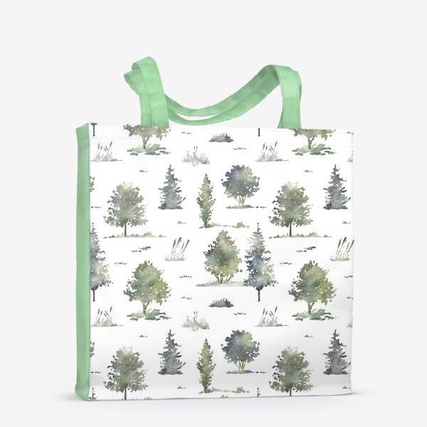 Сумка-шоппер «Акварельный нарисованный вручную бесшовный фон с иллюстрациями зеленых деревьев в лесу. Лес, птицы»