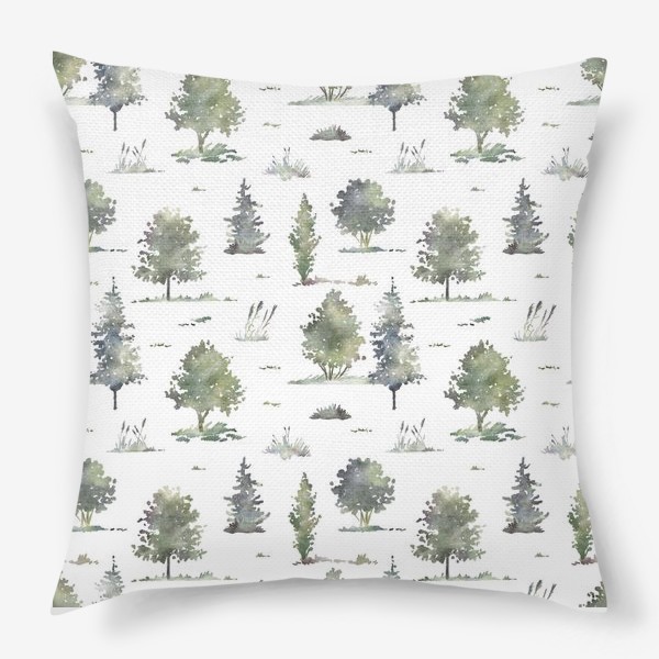 Подушка «Акварельный нарисованный вручную бесшовный фон с иллюстрациями зеленых деревьев в лесу. Лес, птицы»
