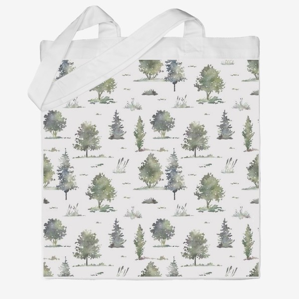Сумка хб «Акварельный нарисованный вручную бесшовный фон с иллюстрациями зеленых деревьев в лесу. Лес, птицы»