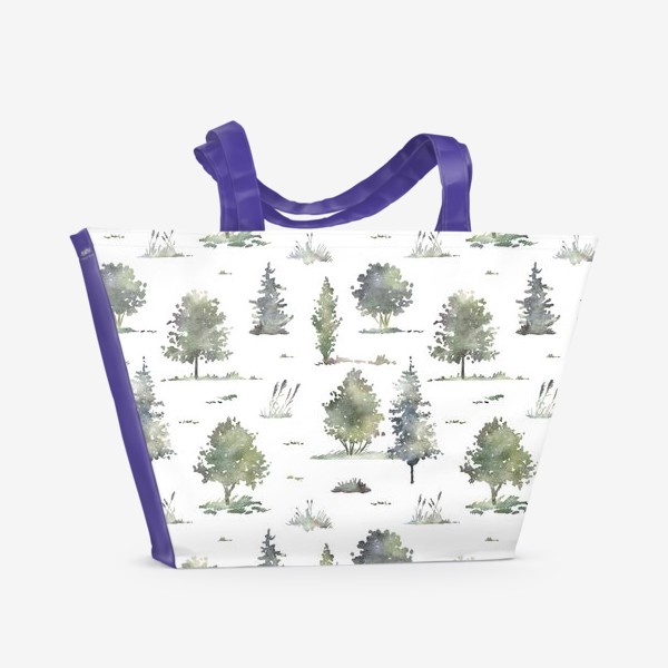 Пляжная сумка «Акварельный нарисованный вручную бесшовный фон с иллюстрациями зеленых деревьев в лесу. Лес, птицы»