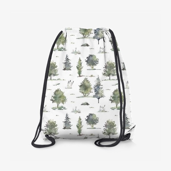 Рюкзак «Акварельный нарисованный вручную бесшовный фон с иллюстрациями зеленых деревьев в лесу. Лес, птицы»