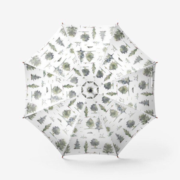 Зонт «Акварельный нарисованный вручную бесшовный фон с иллюстрациями зеленых деревьев в лесу. Лес, птицы»