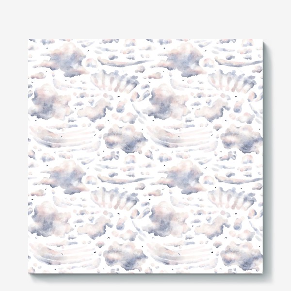 Холст «Акварельный нарисованный вручную бесшовный фон с иллюстрациями облачного вечернего неба. Небесный пейзаж, птицы»
