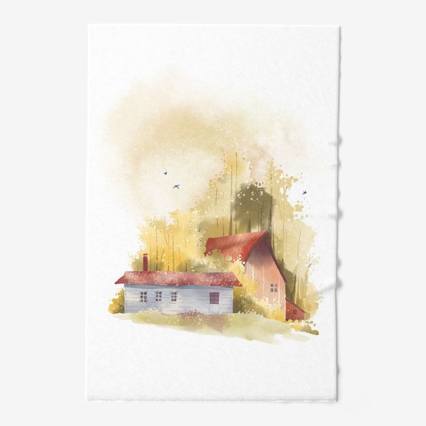 Полотенце «Акварельная нарисованная вручную иллюстрация с изображением красных домиков в золотом осеннем лесу»