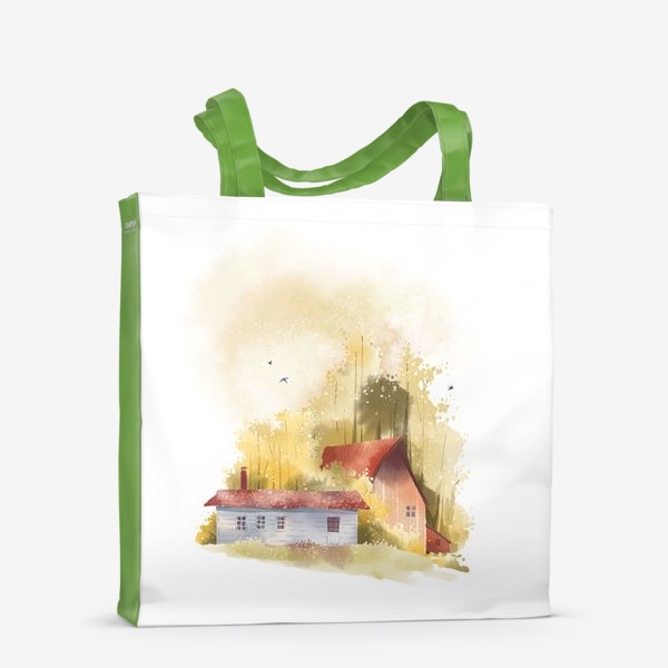 Сумка-шоппер «Акварельная нарисованная вручную иллюстрация с изображением красных домиков в золотом осеннем лесу»