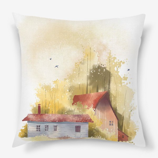 Подушка «Акварельная нарисованная вручную иллюстрация с изображением красных домиков в золотом осеннем лесу»