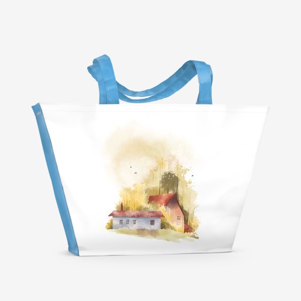 Пляжная сумка «Акварельная нарисованная вручную иллюстрация с изображением красных домиков в золотом осеннем лесу»