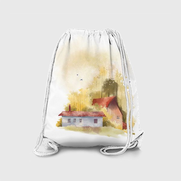 Рюкзак «Акварельная нарисованная вручную иллюстрация с изображением красных домиков в золотом осеннем лесу»