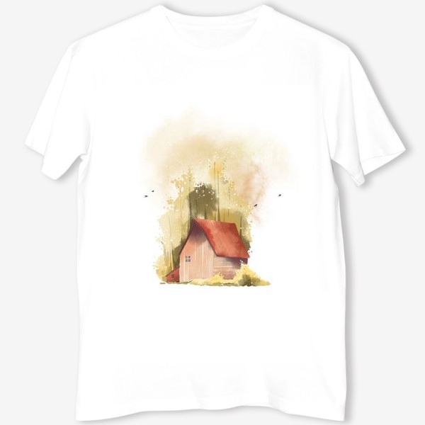 Футболка «Акварельная нарисованная вручную иллюстрация с изображением красного домика в золотом осеннем лесу»