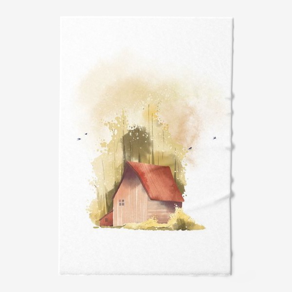 Полотенце «Акварельная нарисованная вручную иллюстрация с изображением красного домика в золотом осеннем лесу»