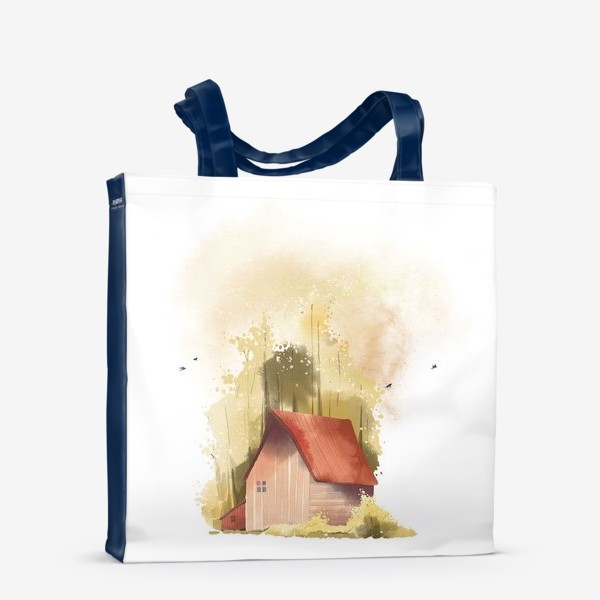 Сумка-шоппер «Акварельная нарисованная вручную иллюстрация с изображением красного домика в золотом осеннем лесу»