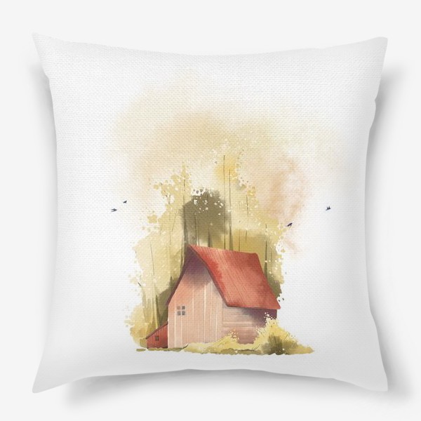 Подушка «Акварельная нарисованная вручную иллюстрация с изображением красного домика в золотом осеннем лесу»