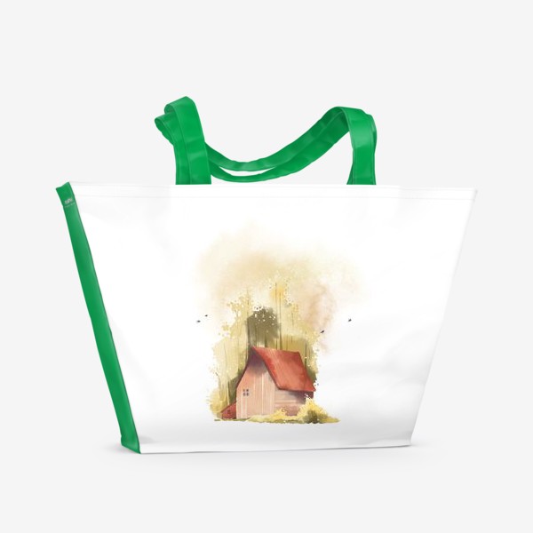 Пляжная сумка «Акварельная нарисованная вручную иллюстрация с изображением красного домика в золотом осеннем лесу»