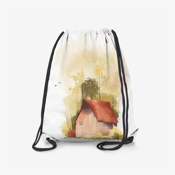Рюкзак «Акварельная нарисованная вручную иллюстрация с изображением красного домика в золотом осеннем лесу»