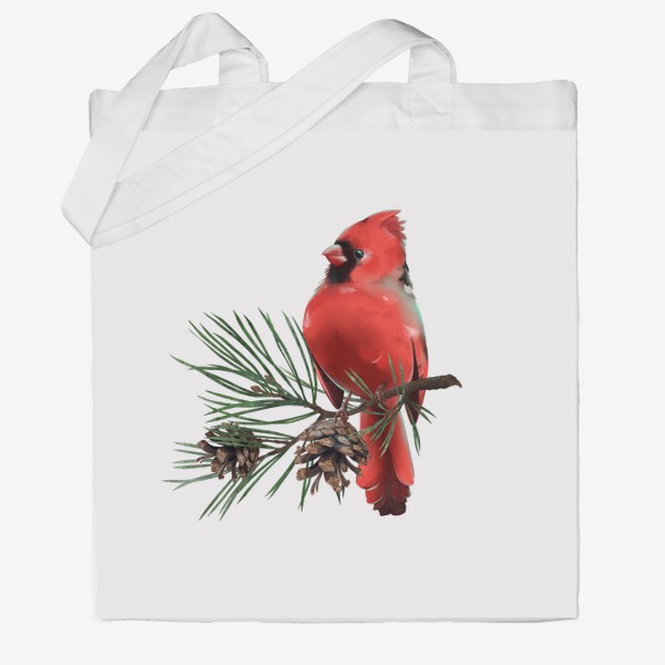 Сумка хб «Птица Красный кардинал на сосновой ветке с шишками»
