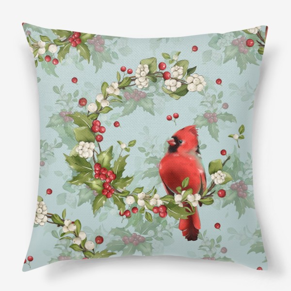 Подушка «Рождественский узор с птицей Красный кардинал»