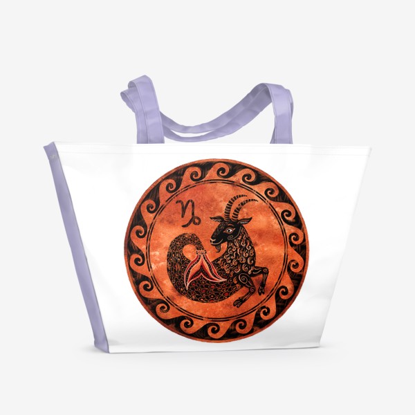 Пляжная сумка «Козерог в стиле древнегреческой керамики в круге с орнаментом. Черный силуэт на акварельном терракотовом фоне.»