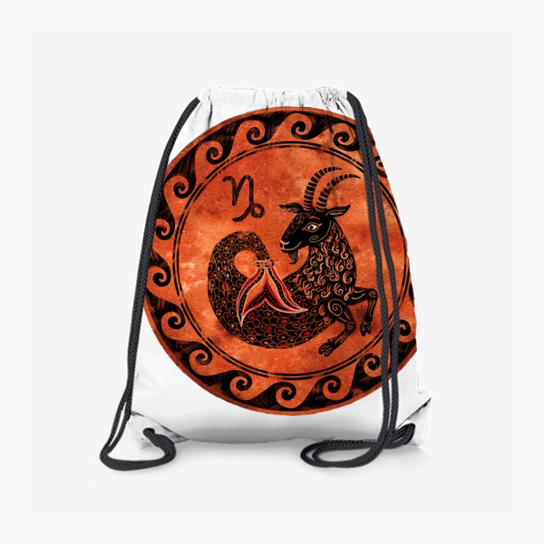 Рюкзак &laquo;Козерог в стиле древнегреческой керамики в круге с орнаментом. Черный силуэт на акварельном терракотовом фоне.&raquo;