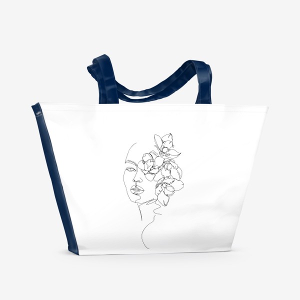 Пляжная сумка «Лицо девушки одной линией с цветами на голове. Минимализм»