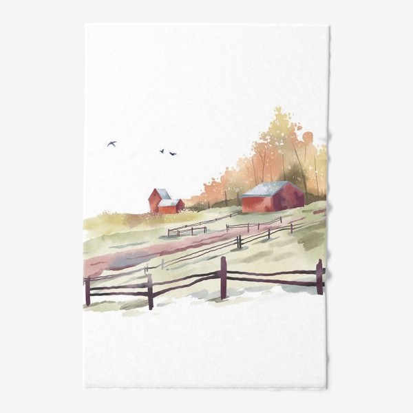 Полотенце «Акварельная нарисованная вручную иллюстрация с изображением красных домиков в золотом осеннем лесу. Сельский пейзаж»