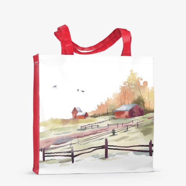 Сумка-шоппер «Акварельная нарисованная вручную иллюстрация с изображением красных домиков в золотом осеннем лесу. Сельский пейзаж»