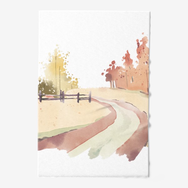 Полотенце «Акварельная нарисованная вручную иллюстрация с изображением осеннем леса и уходящей вдаль дороги»