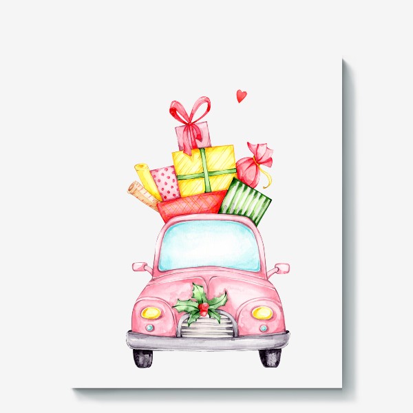 Холст «Розовая машина с подарками. Новый год!»