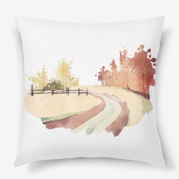 Подушка «Акварельная нарисованная вручную иллюстрация с изображением осеннем леса и уходящей вдаль дороги»