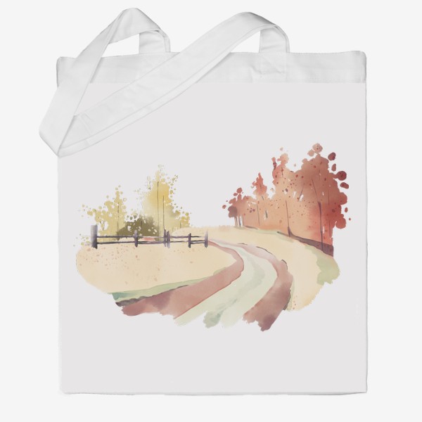 Сумка хб «Акварельная нарисованная вручную иллюстрация с изображением осеннем леса и уходящей вдаль дороги»